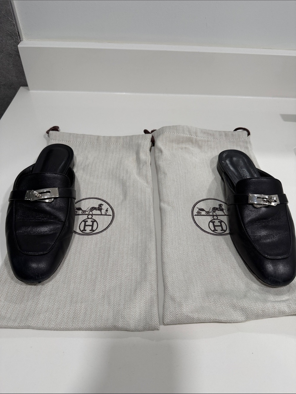 Hermes Black Leather Backless Loafers with Silver Buckle